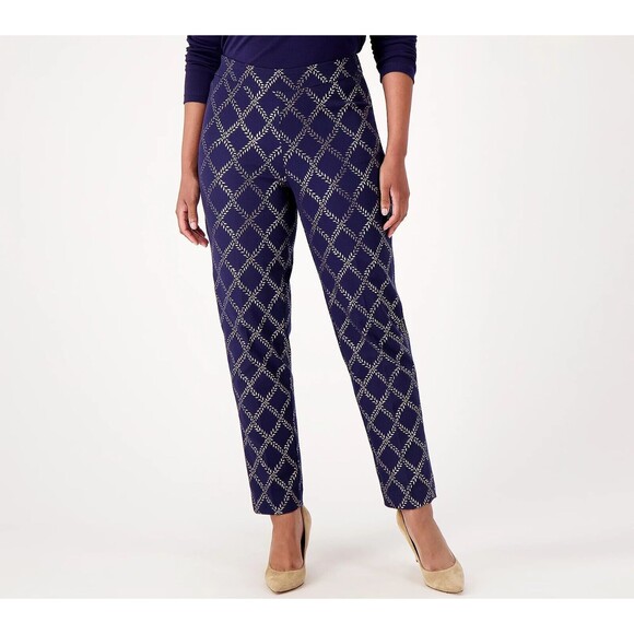 New Womens Isaac Mizrahi Live! Stretch Navy Blue Silver Foil Leaf Pants 10 T Tal